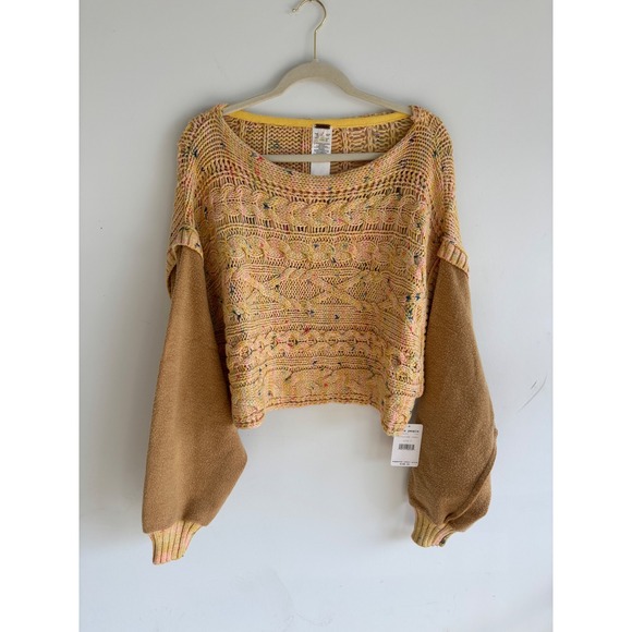 Free People Sweaters - Free People Honeycomb Combo Cable Knit Cropped Sweater Yellow Multi OB1230305 S